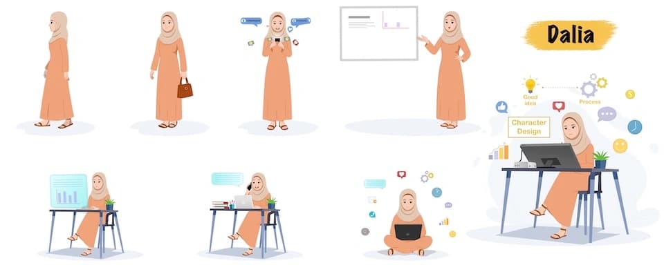 Arab girl animated vector cartoon character model sheet AKA Dalia