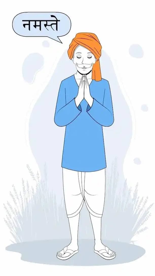 Indian man cartoon character wearing turban doing namaste greeting pose, vector animated style
