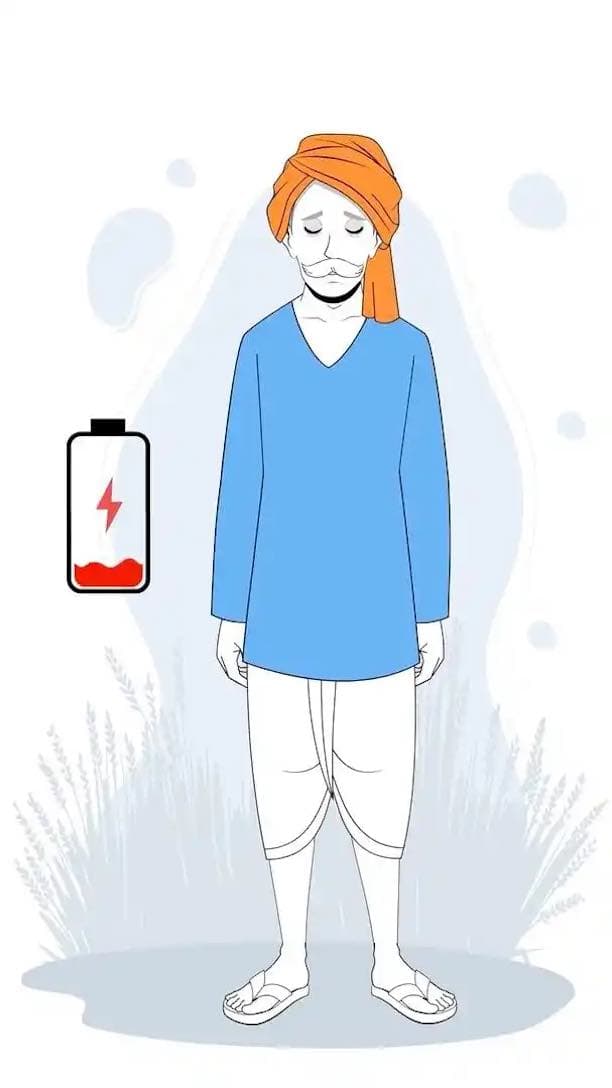 Indian man cartoon character with turban looking sad and tired pose—low battery concept in vector animated design