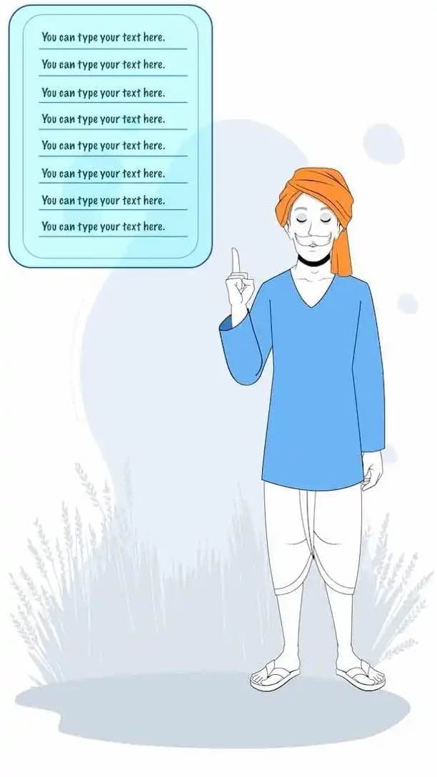 Indian man cartoon character with turban speaking and pointing hand in front view—vector animated talking pose for educational and explainer use