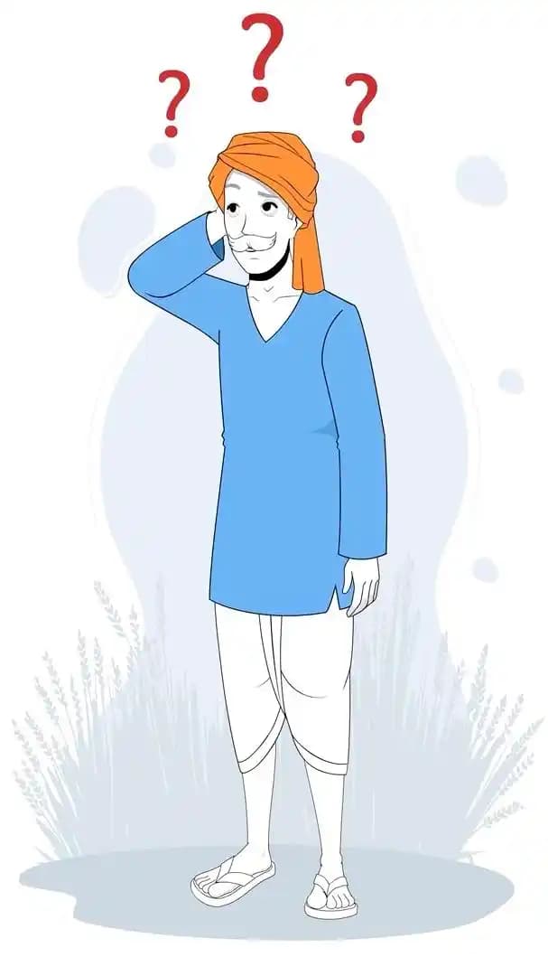 Indian man cartoon character with turban scratching head and confused face—vector animated puzzled pose with question marks