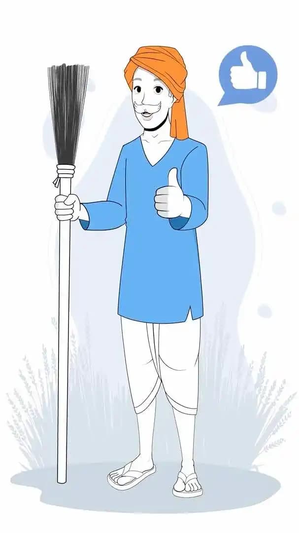 Indian man cartoon character with turban holding broom and showing thumbs up gesture—vector animated cleaning success and appreciation pose