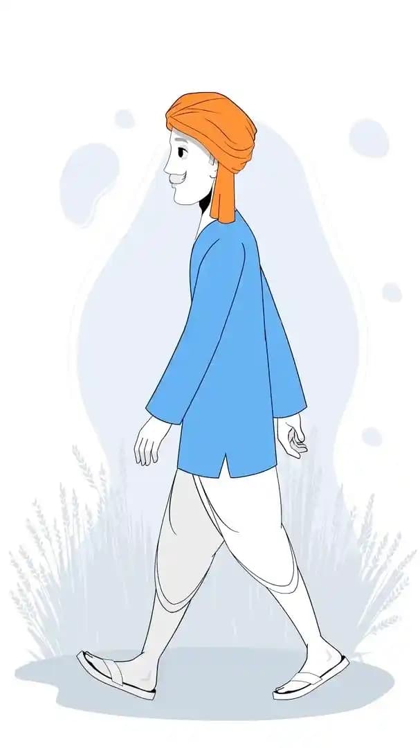 Indian man cartoon character with turban walking side view—vector animated village man walking pose for explainer and storytelling scenes