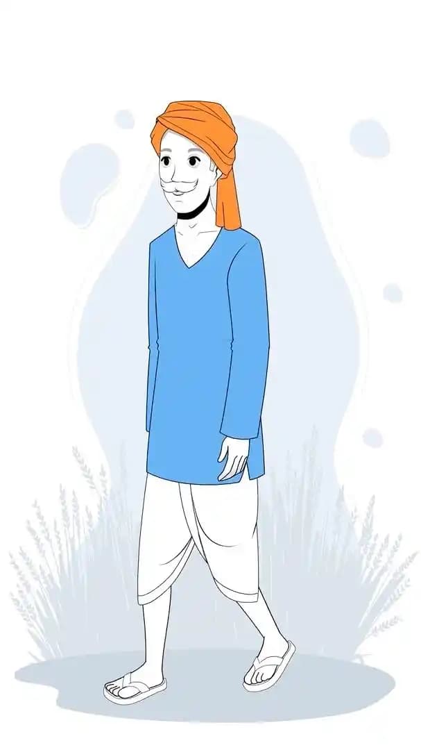 Indian man cartoon character with turban walking forward—vector animated village man walking pose for explainer and storytelling scenes