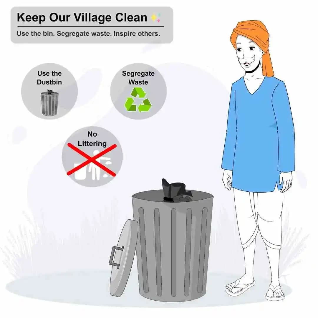 Indian man cartoon character with turban standing near dustbin showing waste segregation and cleanliness awareness—vector animated Swachh Bharat and hygiene concept