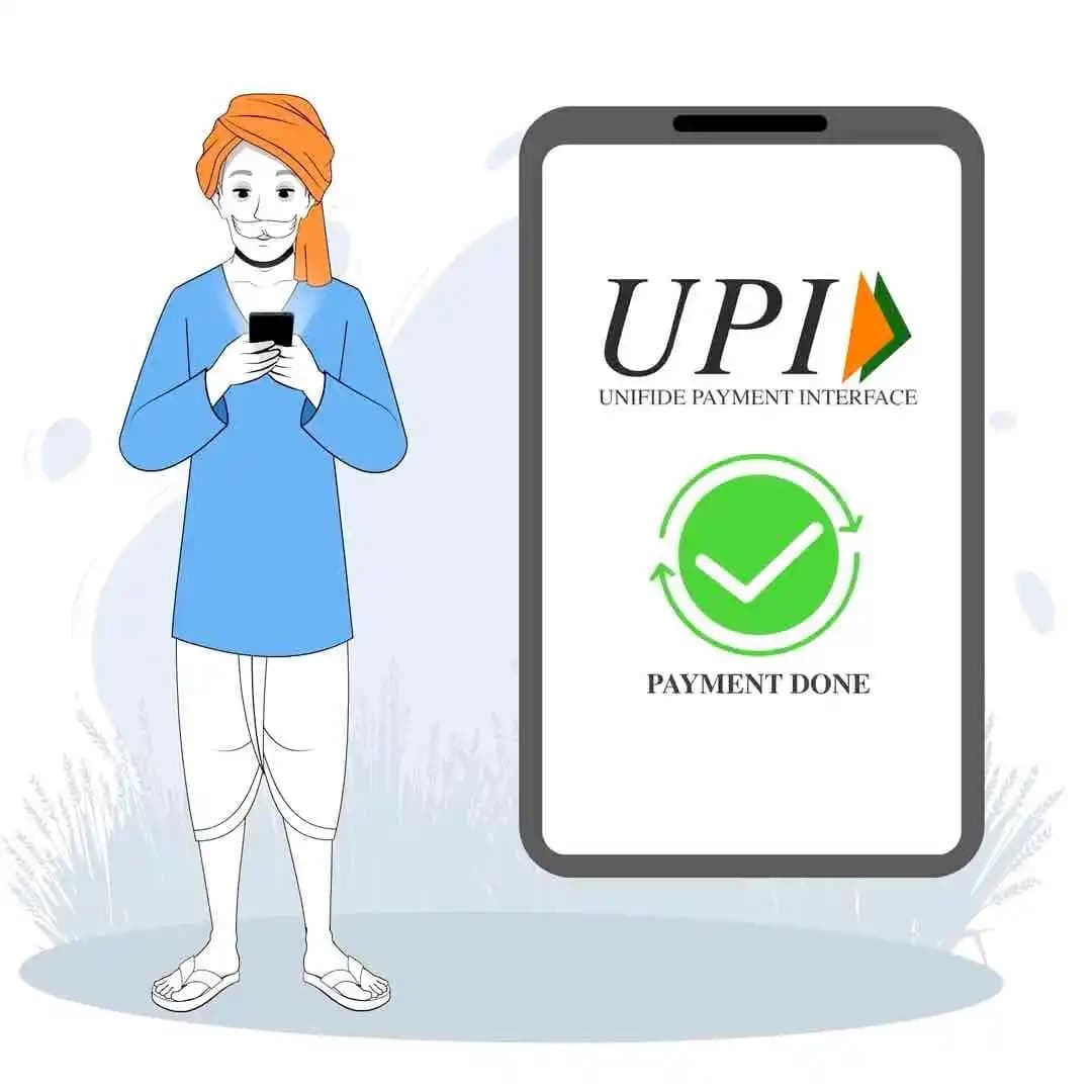 Indian man cartoon character with turban holding phone showing successful UPI payment—vector animated digital transaction and online payment concept