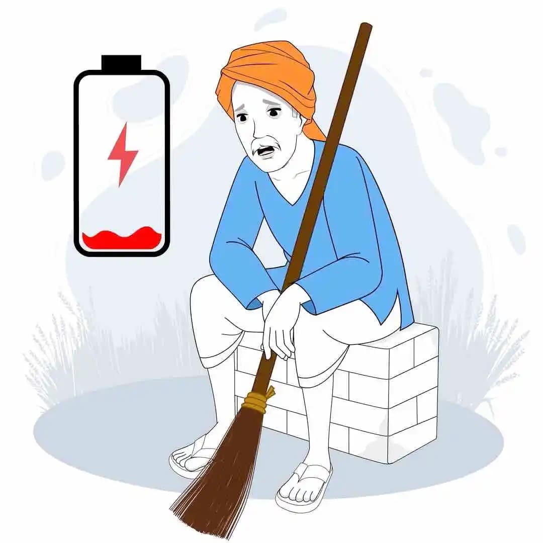 Indian man cartoon character with turban sitting tired on brick holding broom and low battery symbol—vector animated exhausted pose for awareness and storytelling
