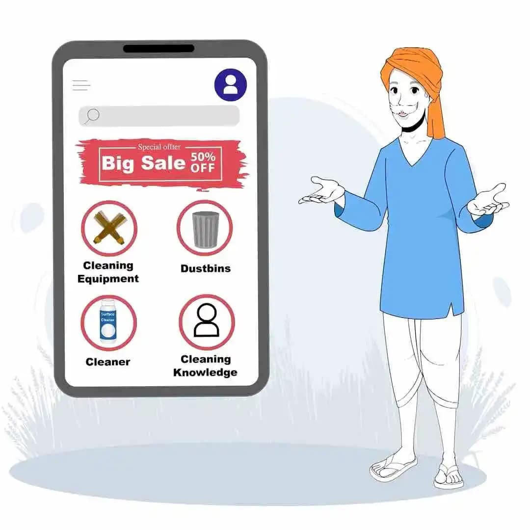 Indian man cartoon character with turban showing smartphone screen displaying big sale offer—vector animated e-commerce and online shopping concept