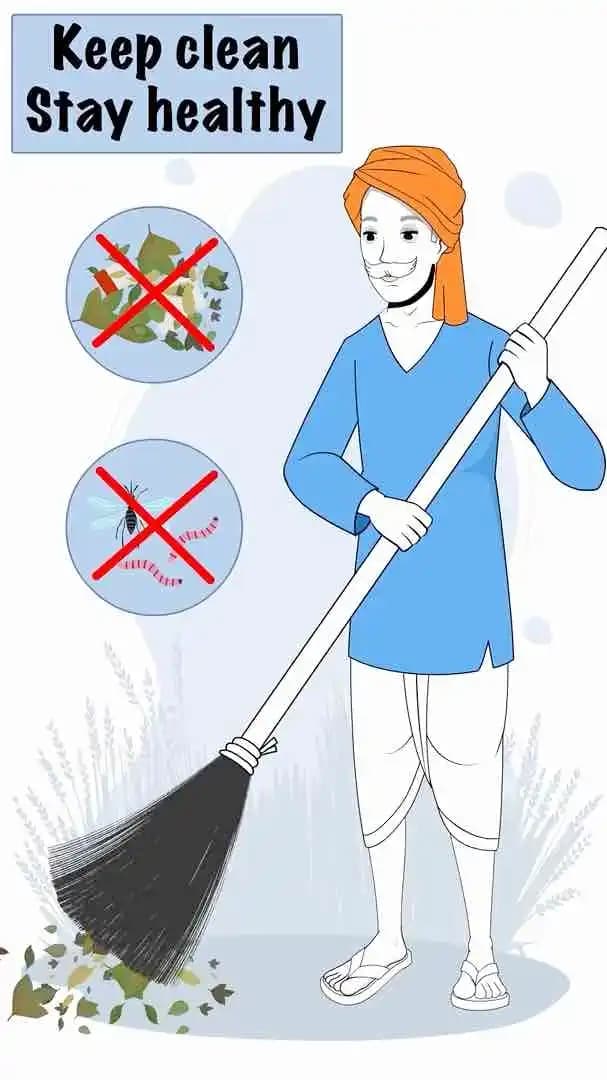 Indian man cartoon character with turban holding broom cleaning ground—vector animated Swachh Bharat theme with keep clean stay healthy message