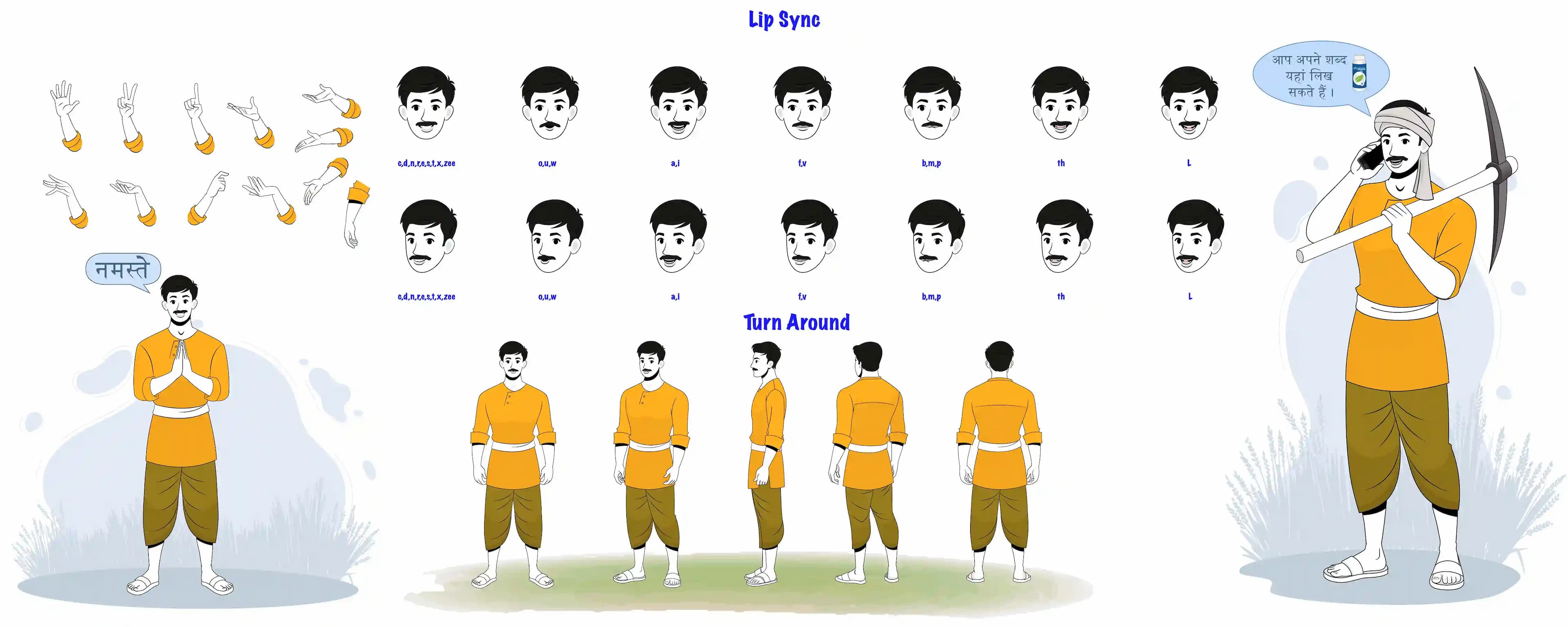 Cartoon Village Man 2d character model sheet vector & character design set AKA Shankar