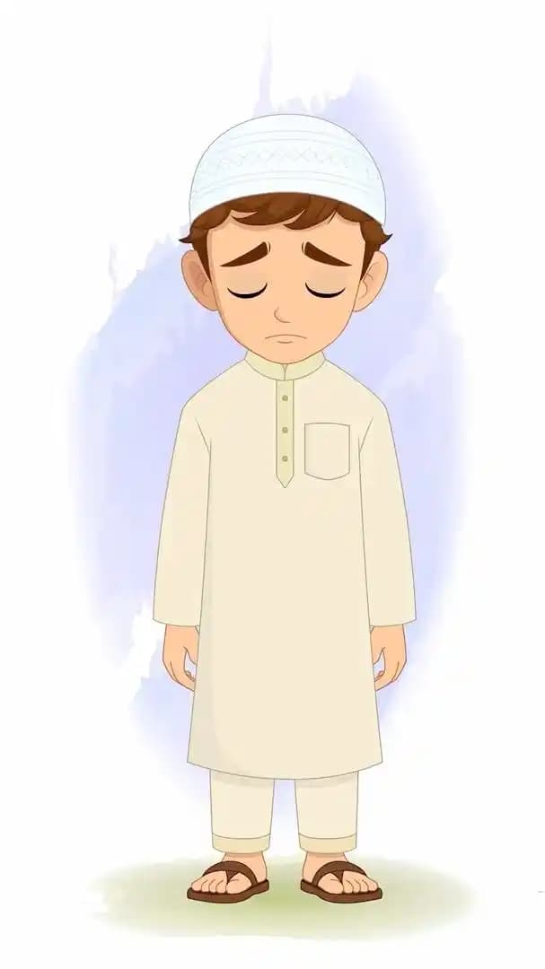 A muslim Islamic boy animated character sad pose AKA Zain