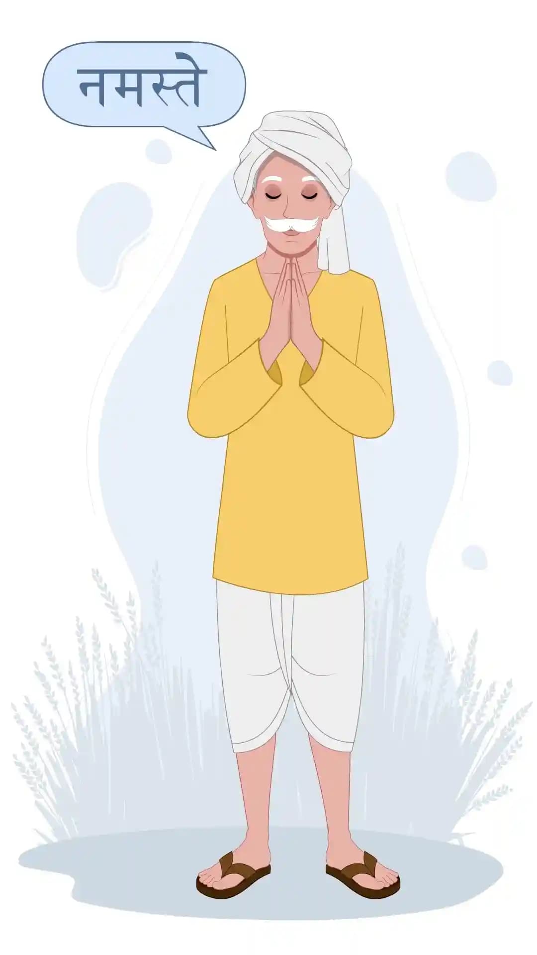 Indian Old Farmer Man Greeting Namaste Animated Vector Cartoon Character AKA Jagdish