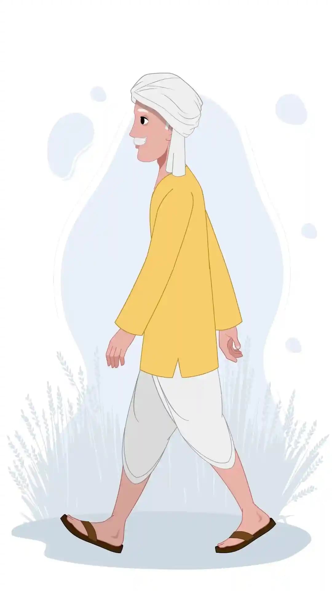 Indian Old Farmer Man Side Walking Animated Vector Cartoon Character AKA Jagdish