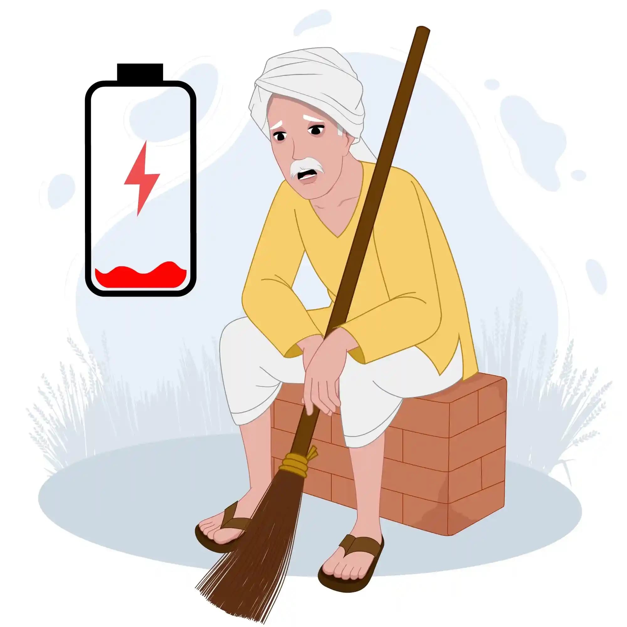 Indian Old Farmer Man Sitting on a Brick (Tired Rest Pose) Animated Vector Cartoon Character AKA Jagdish