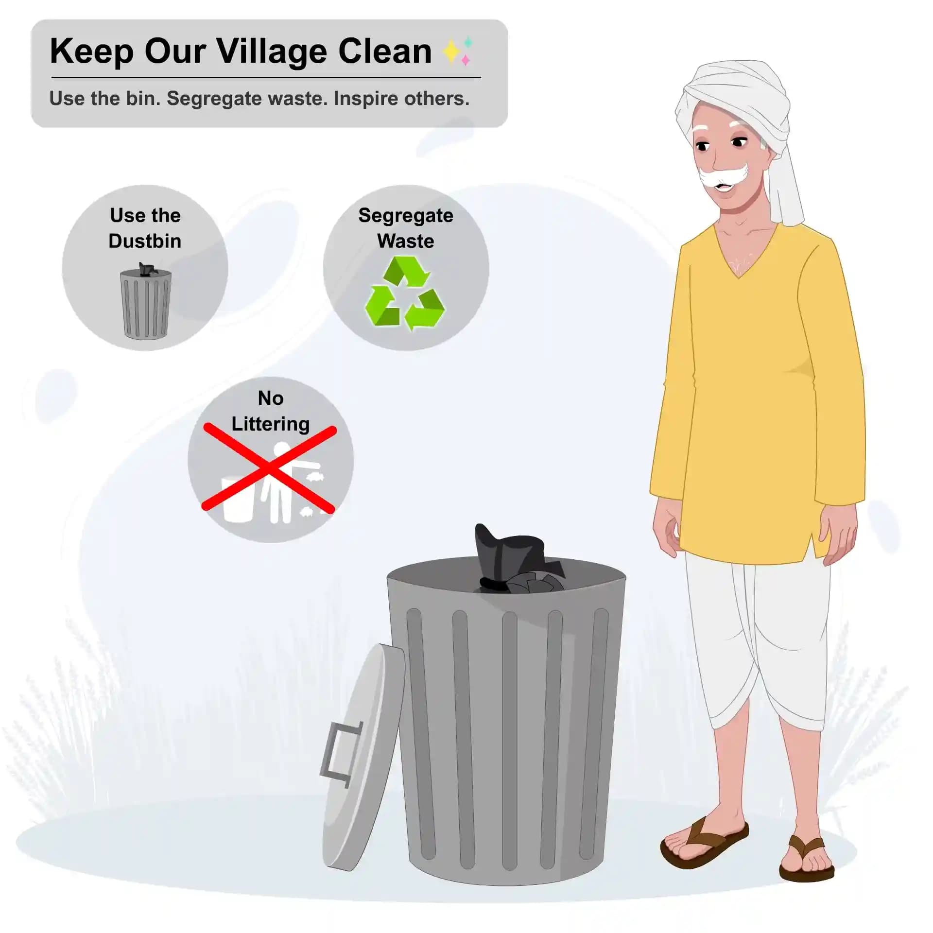Indian Old Farmer Man Throwing Trash in Bin Animated Vector Cartoon Character AKA Jagdish