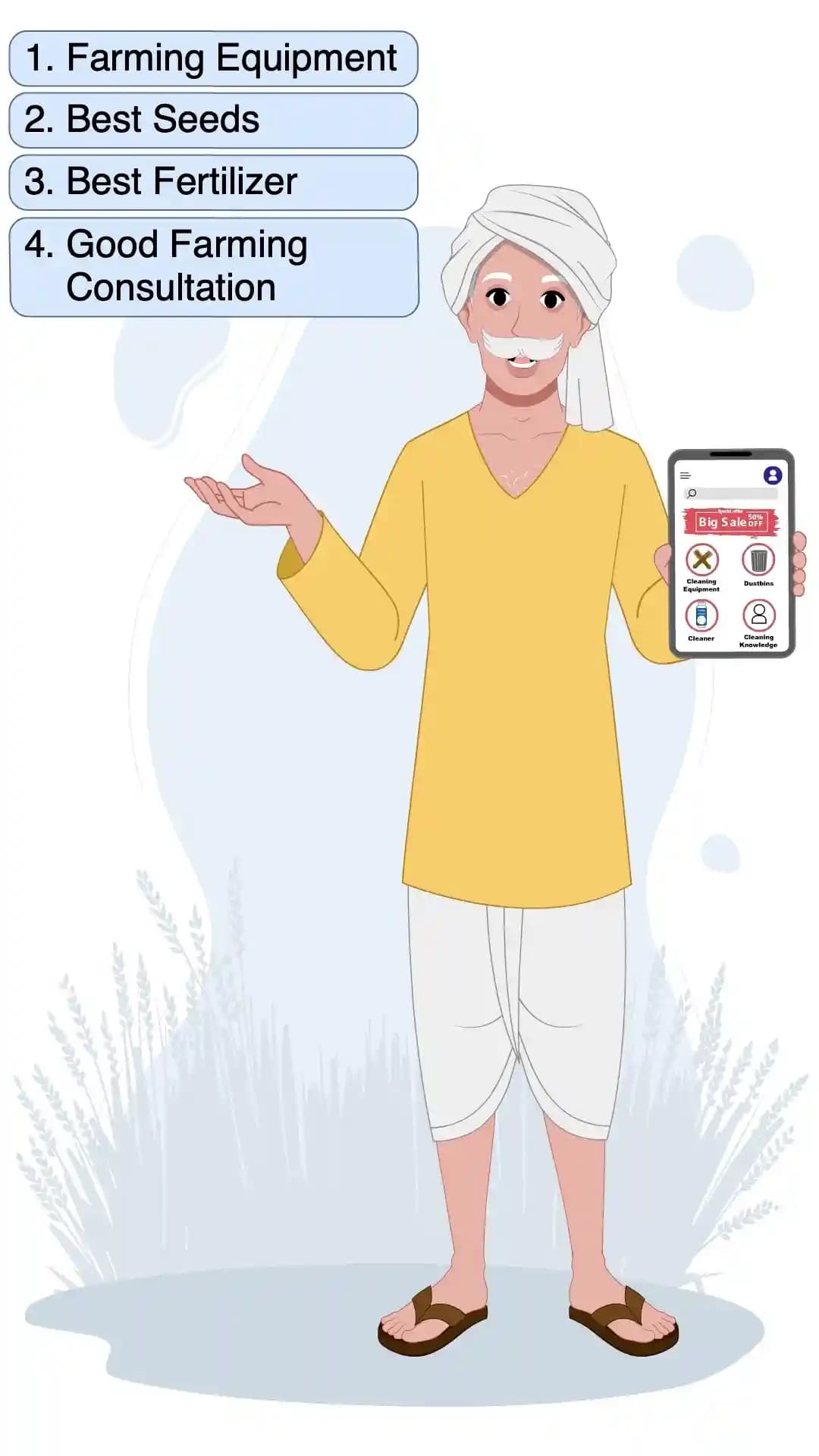Indian Old Farmer Man Cleaners App Explain Animated Vector Cartoon Character AKA Jagdish