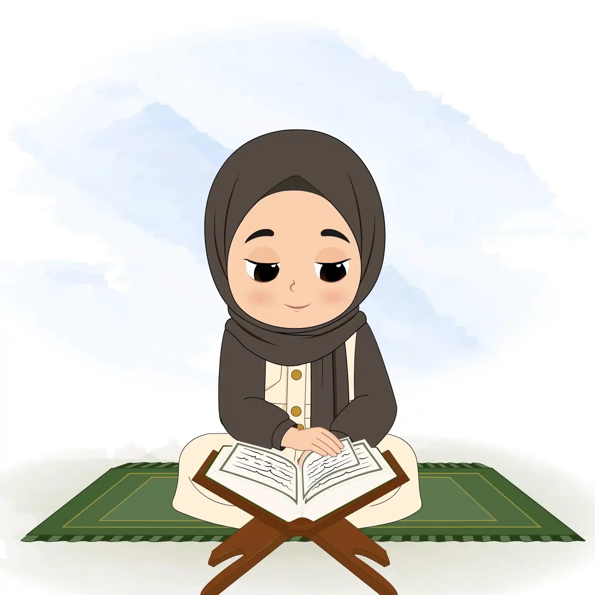 Cute Muslim Girl Reading Quran Animated Vector Cartoon Character AKA Sana