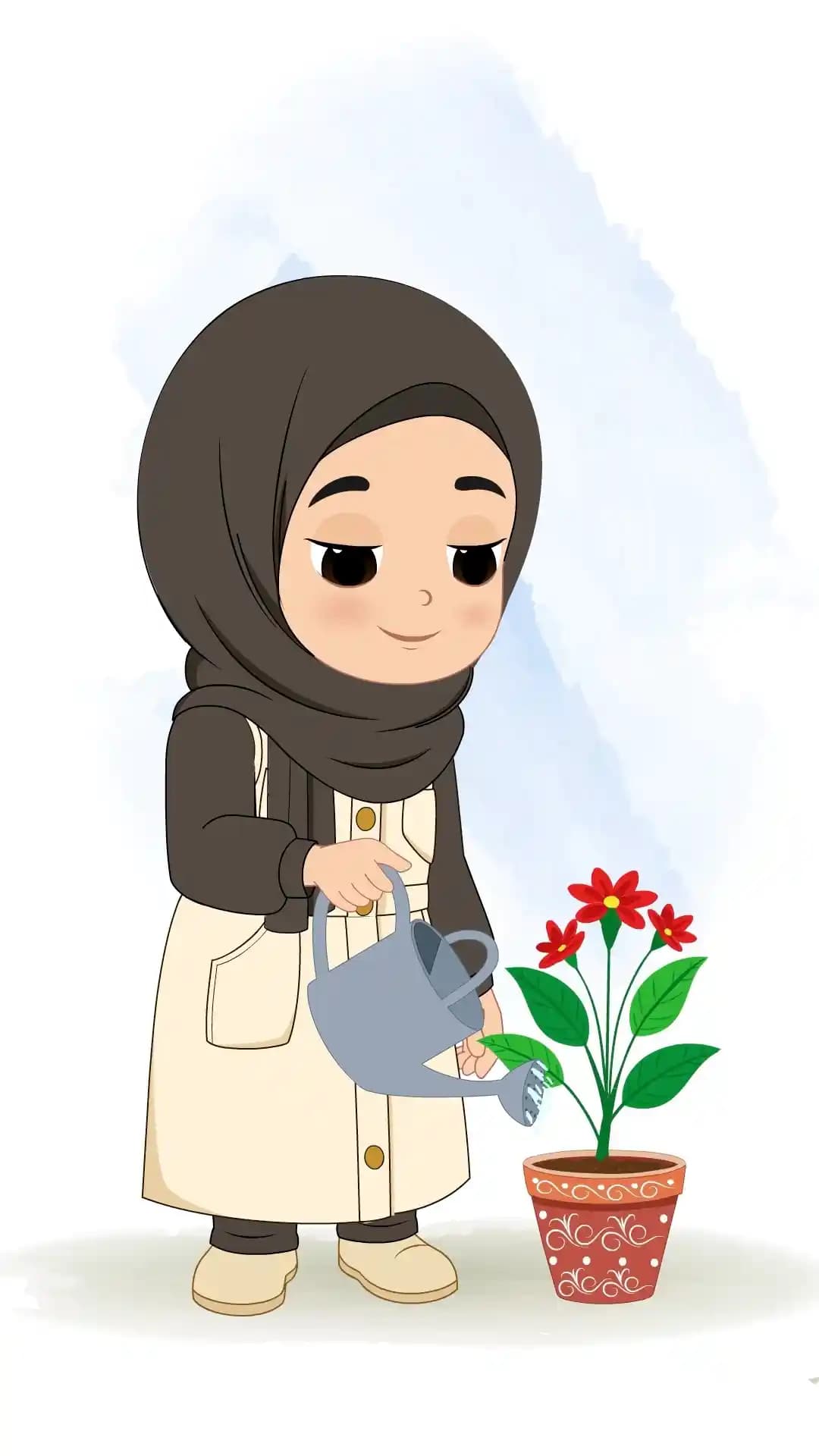 Cute Muslim Girl Watering Plant Animated Vector Cartoon Character AKA Sana
