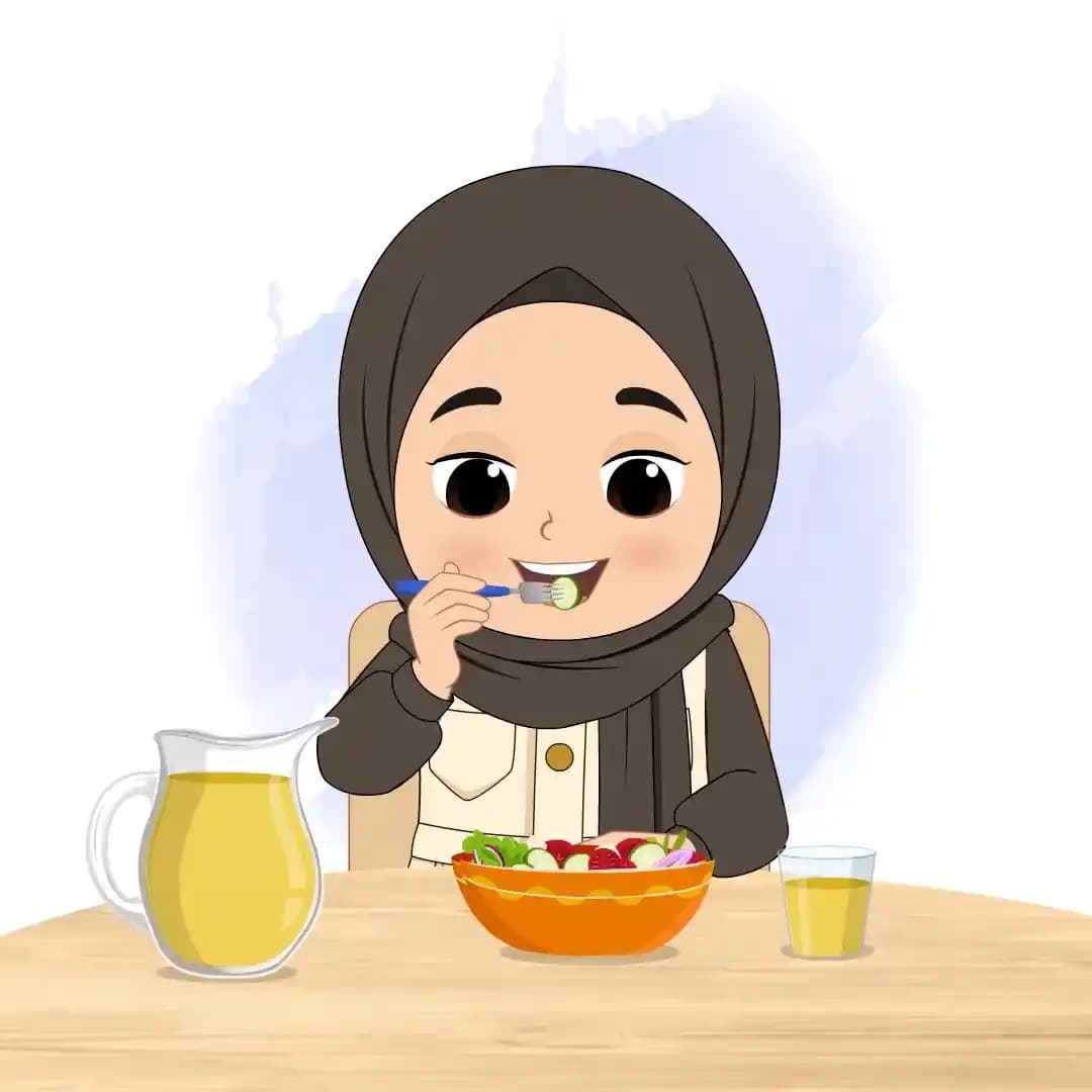 Cute Muslim Girl Eating Animated Vector Cartoon Character AKA Sana
