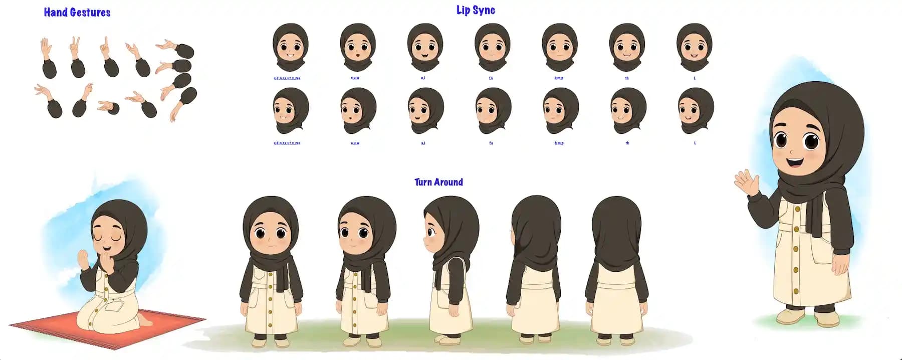 Cute Muslim Girl Animated Vector Cartoon Character Model Sheet with Hand Gestures, Lipsync & Turnaround AKA Sana