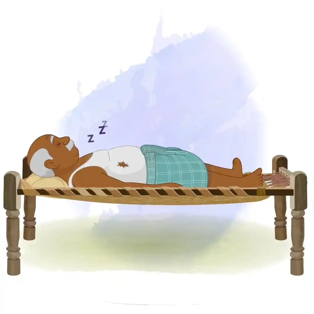 Indian Old Poor Man Sleeping on Charpai Animated Vector Cartoon Character AKA Kallu
