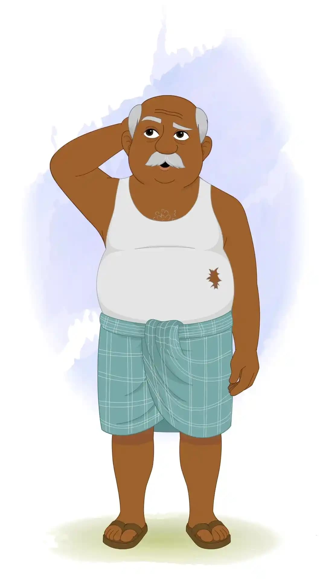 Indian Old Poor Man Front Confused Animated Vector Cartoon Character