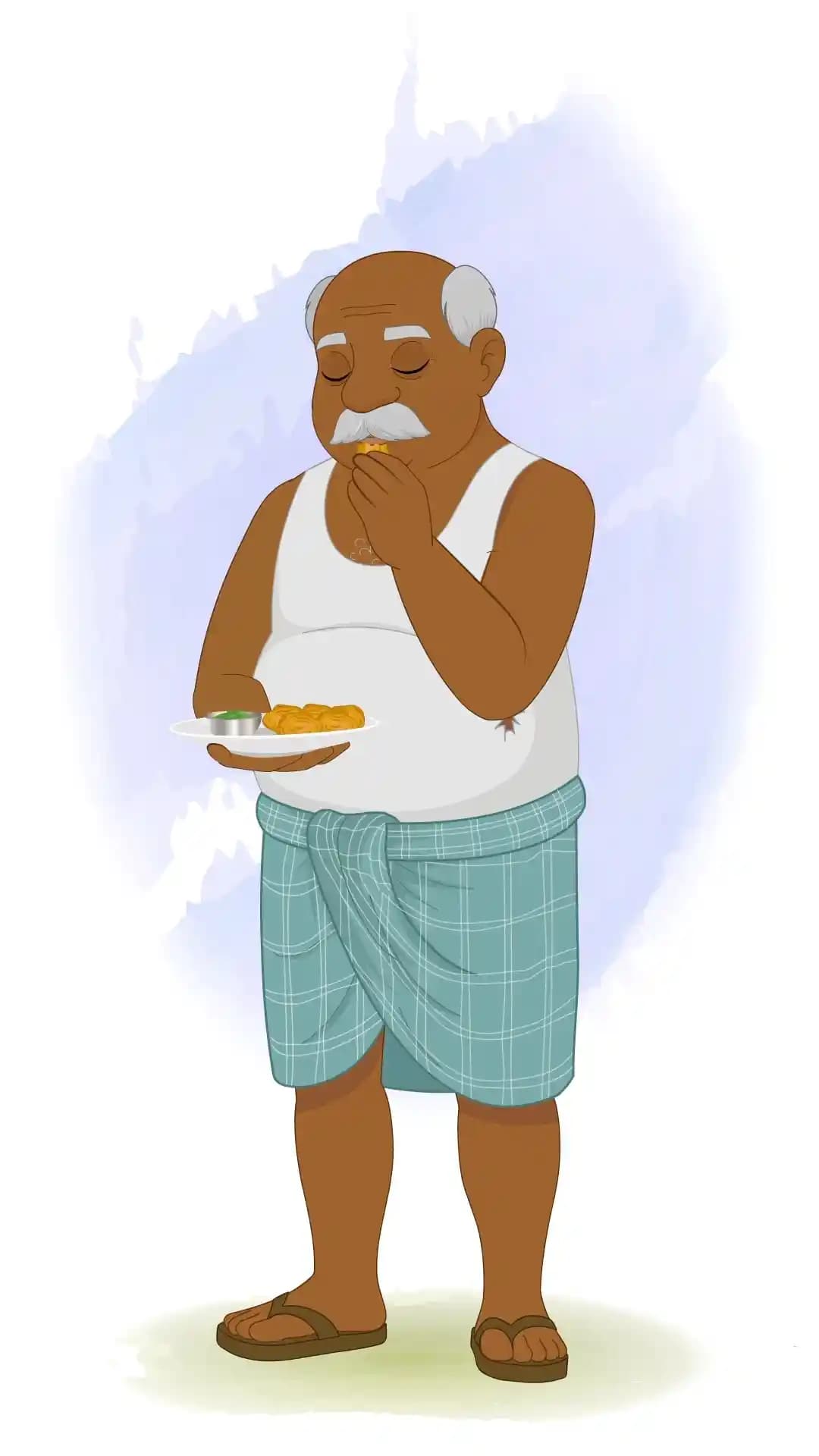 Indian Old Poor Man Eating Snacks Animated Vector Cartoon Character AKA Kallu