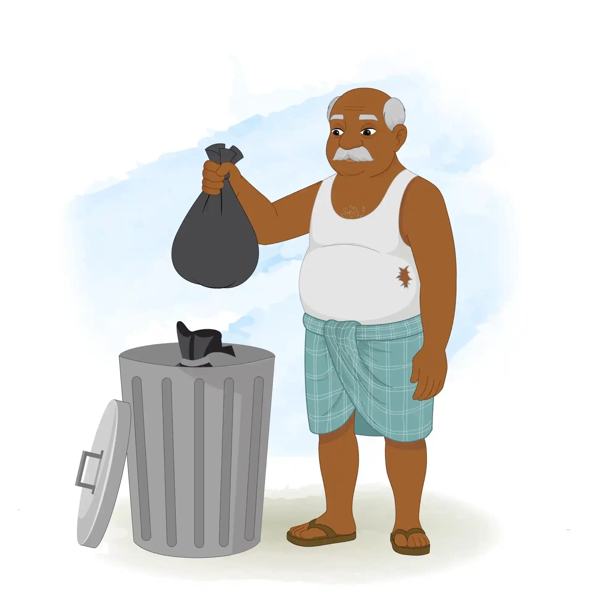 Indian Old Poor Man Throwing Trash in Bin Animated Vector Cartoon Character AKA Kallu