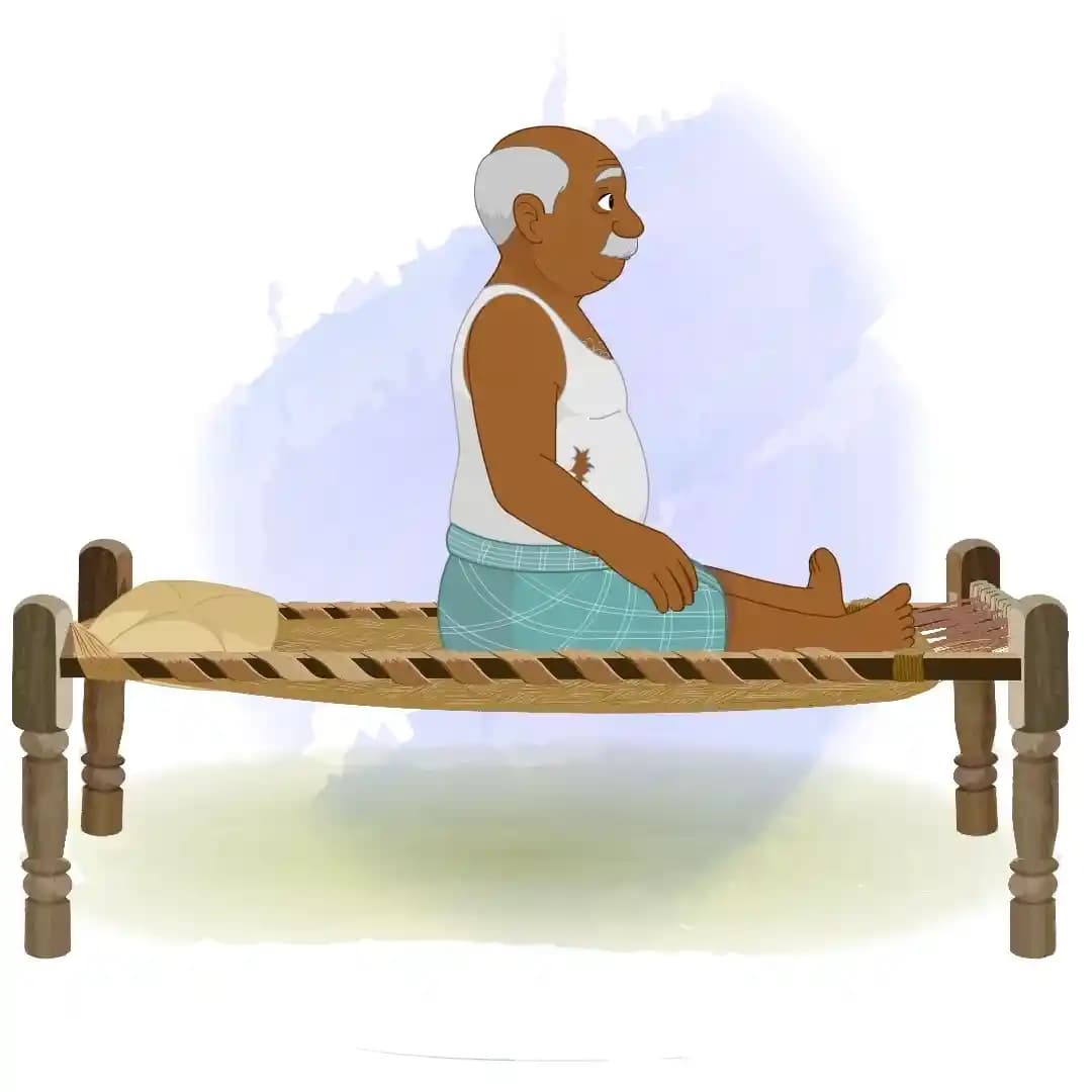 Indian Old Poor Man Lying on the Charpai Animated Vector Cartoon Character AKA Kallu