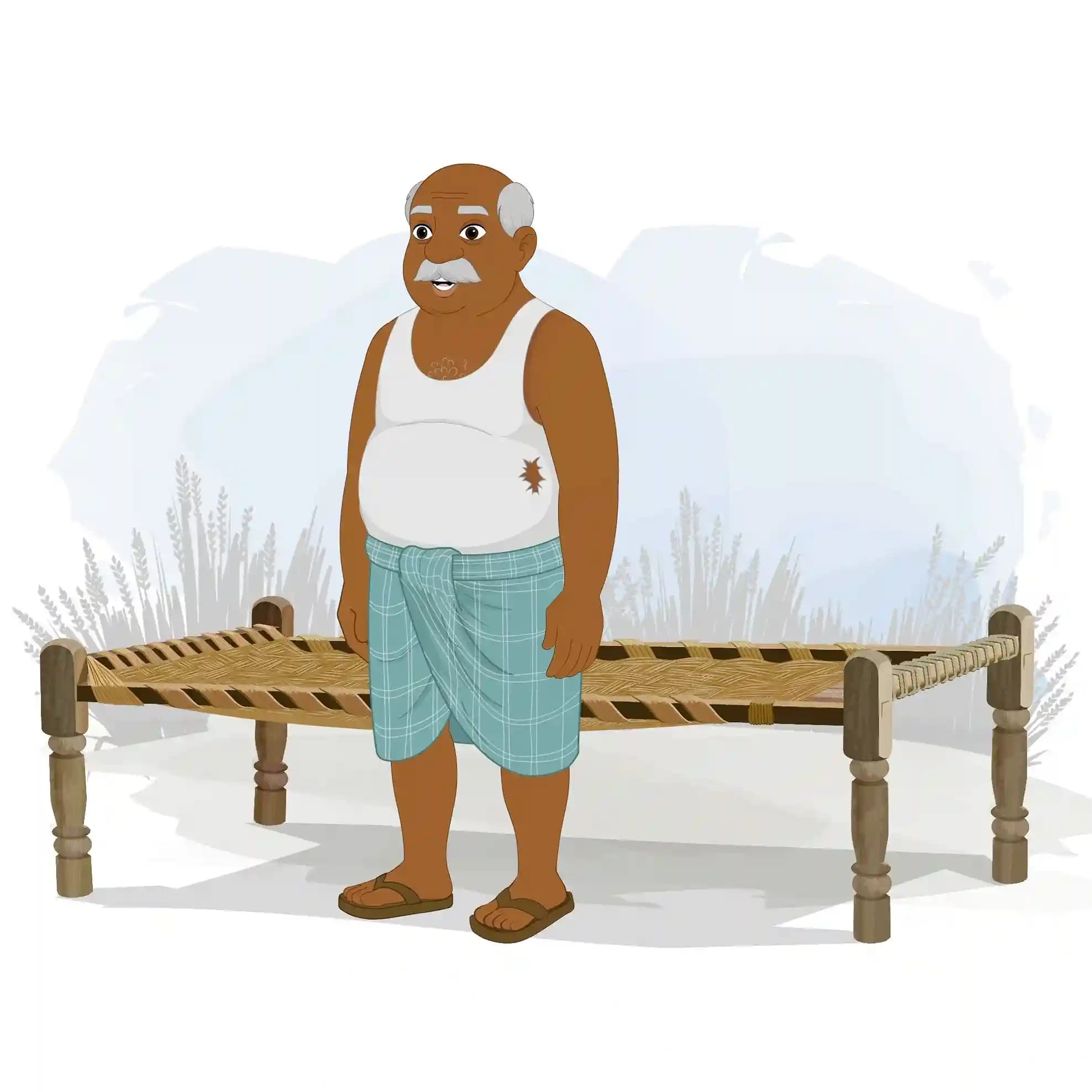 Indian Old Poor Man Sitting on Charpai and Standing Oblique Toward Sathi Animated Vector Cartoon Character AKA Kallu