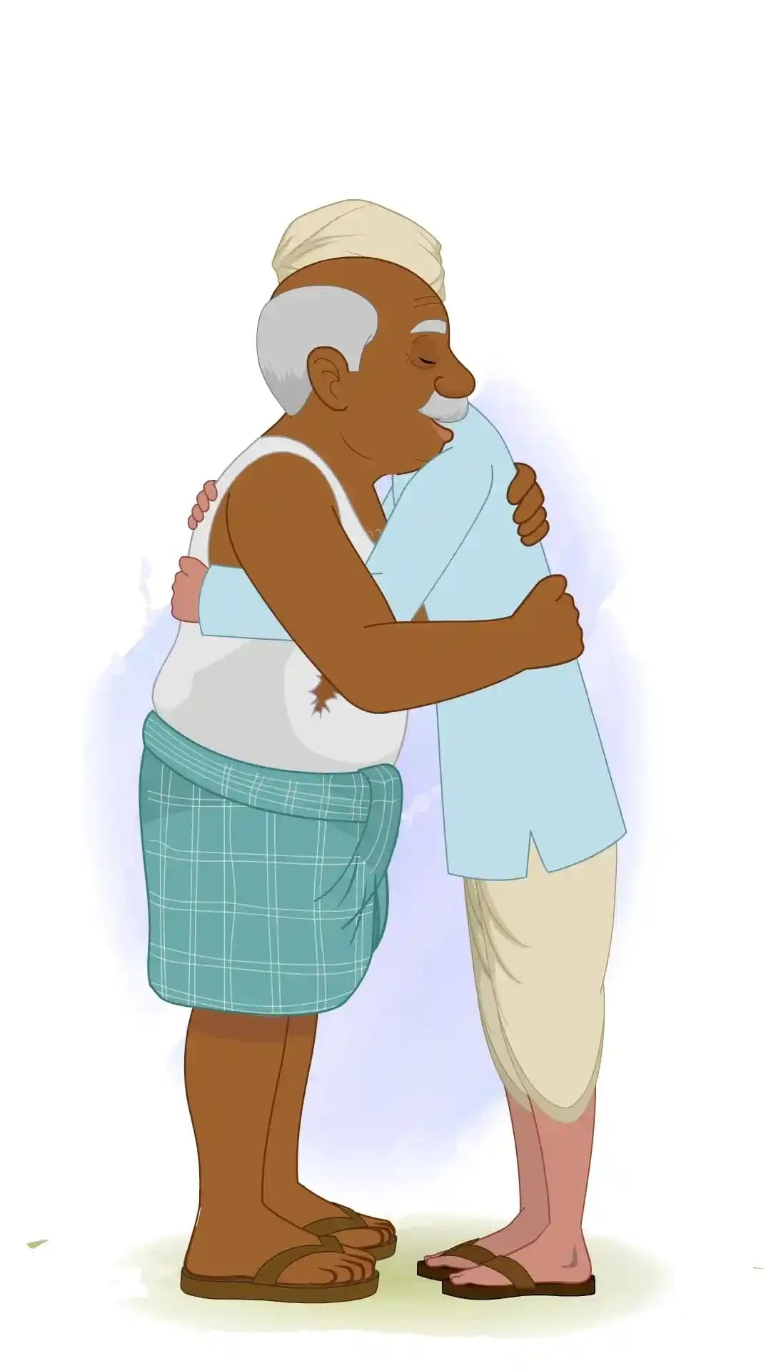 Indian Old Poor Man Side Hug With His Sathi Happily Animated Vector Cartoon Character AKA Kallu