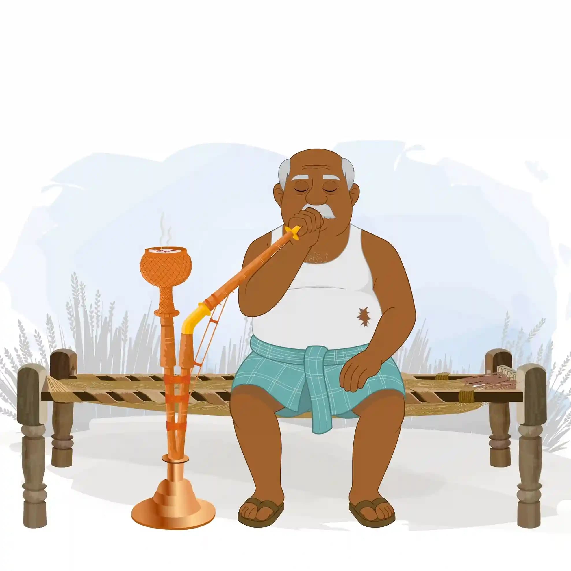Indian Old Poor Man Having Hookah on Charpai Animated Vector Cartoon Character AKA Kallu