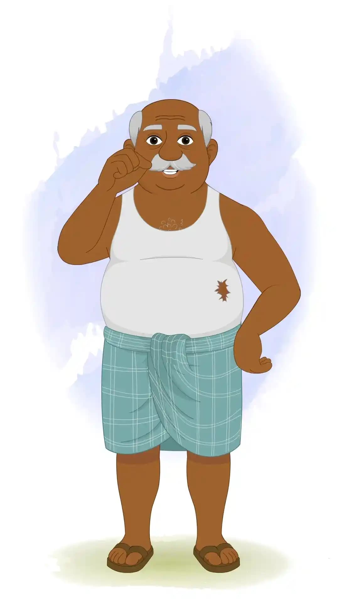 Indian Old Poor Man Wirling One Side of Moustache With a Proud Face Front Animated Vector Cartoon Character AKA Kallu