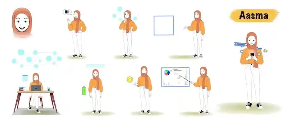 Cute hijab girl animated vector cartoon character model sheet AKA Aasma