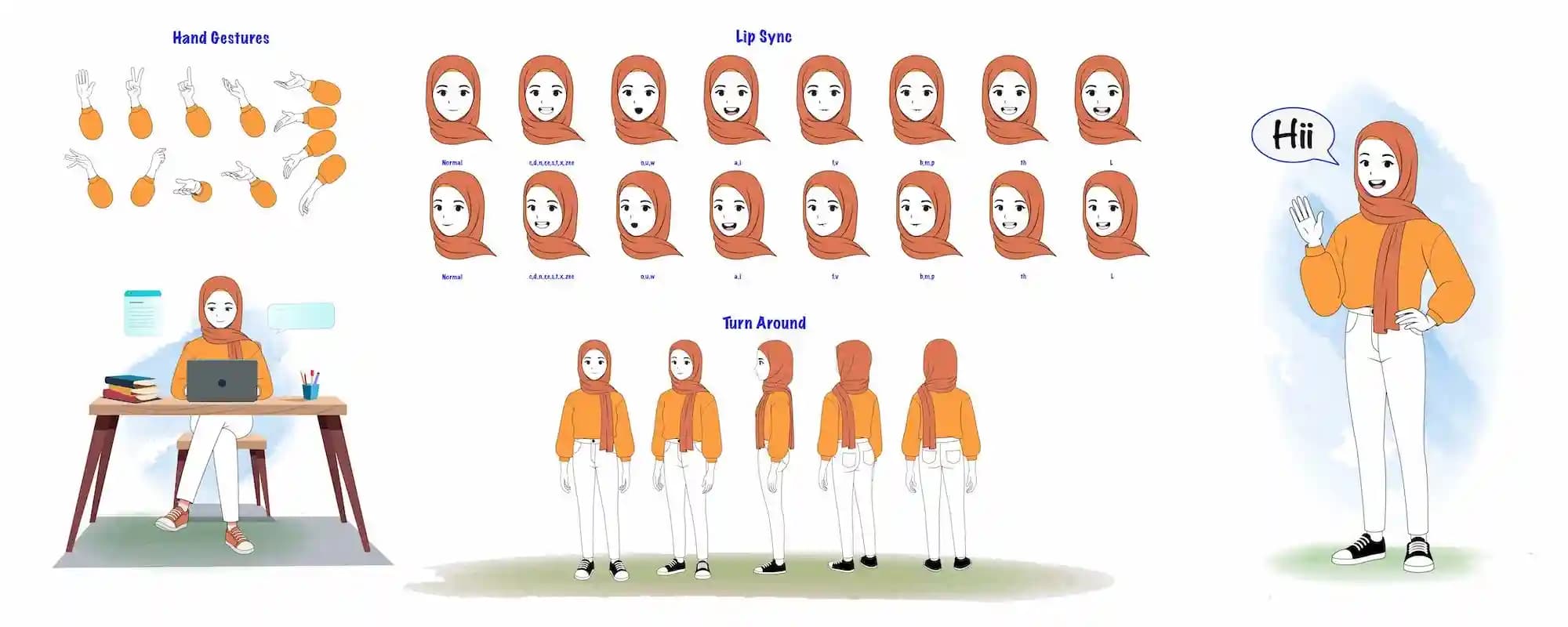 Cute Hijab Girl Animated Vector Cartoon Character Model Sheet with Hand Gestures, Lipsync & Turnaround AKA Aasma