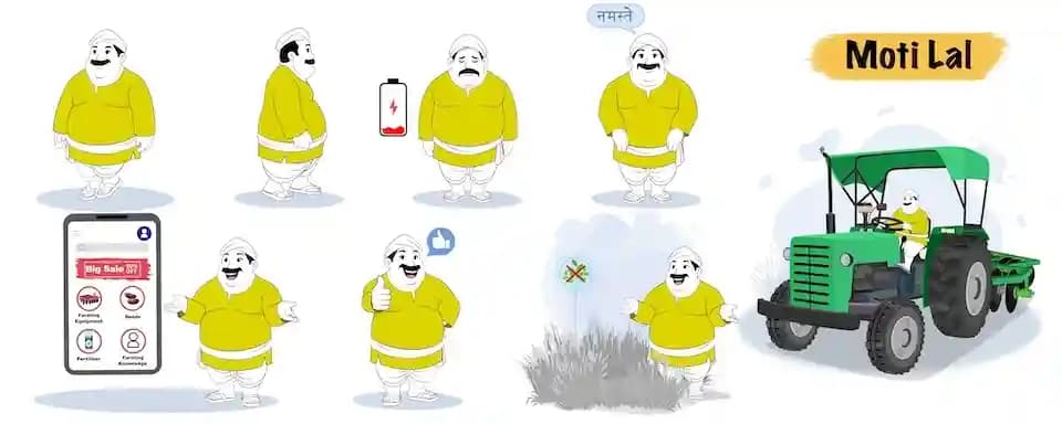 Village fat man animated vector cartoon character model sheet AKA Moti Lal