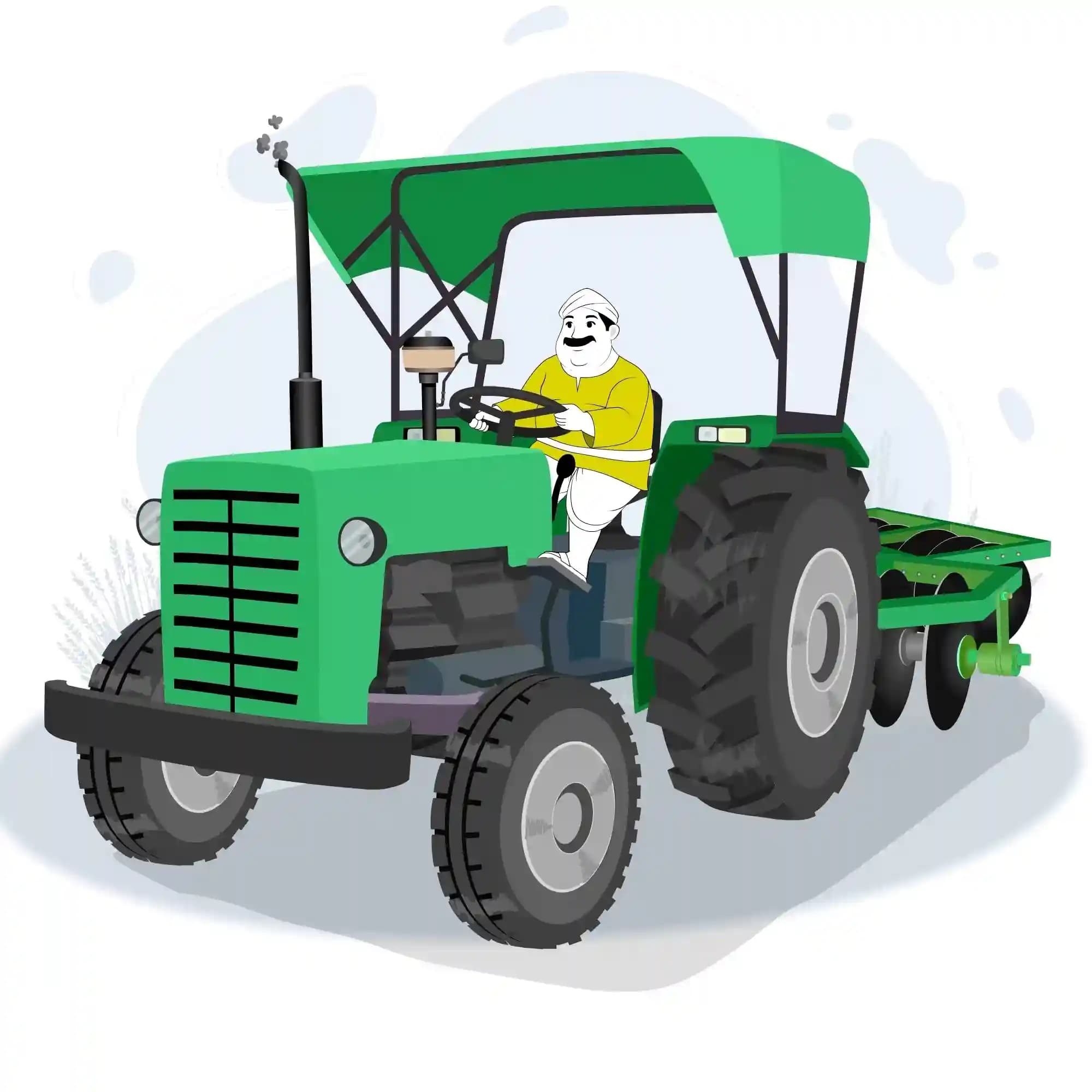 Village Fat Man Drive Tractor with Harrow Animated Vector Cartoon Character AKA Moti Lal