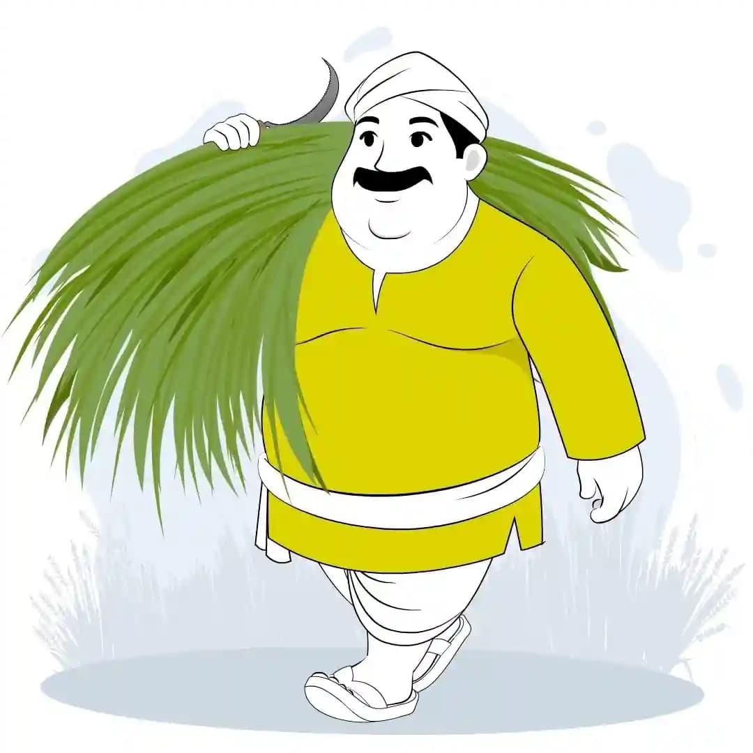 Village Fat Man Walk One Third with Grass Animated Vector Cartoon Character AKA Moti Lal