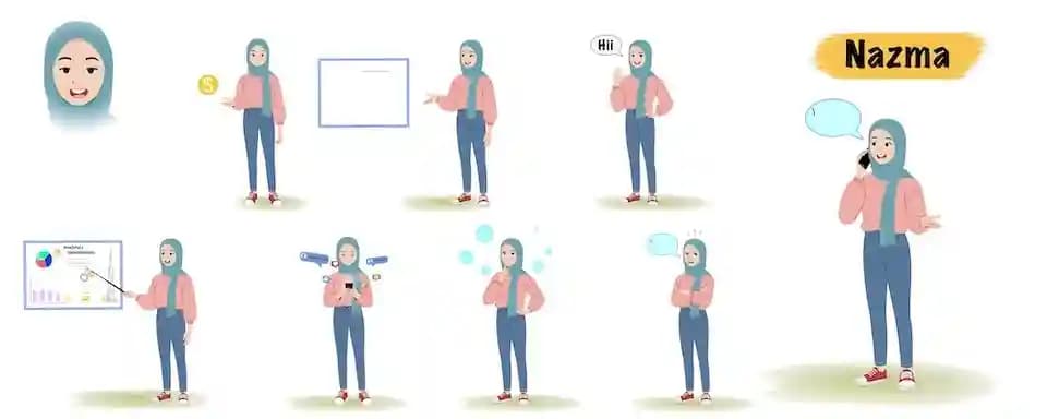 Pretty hijab girl animated vector cartoon character model sheet AKA Nazma