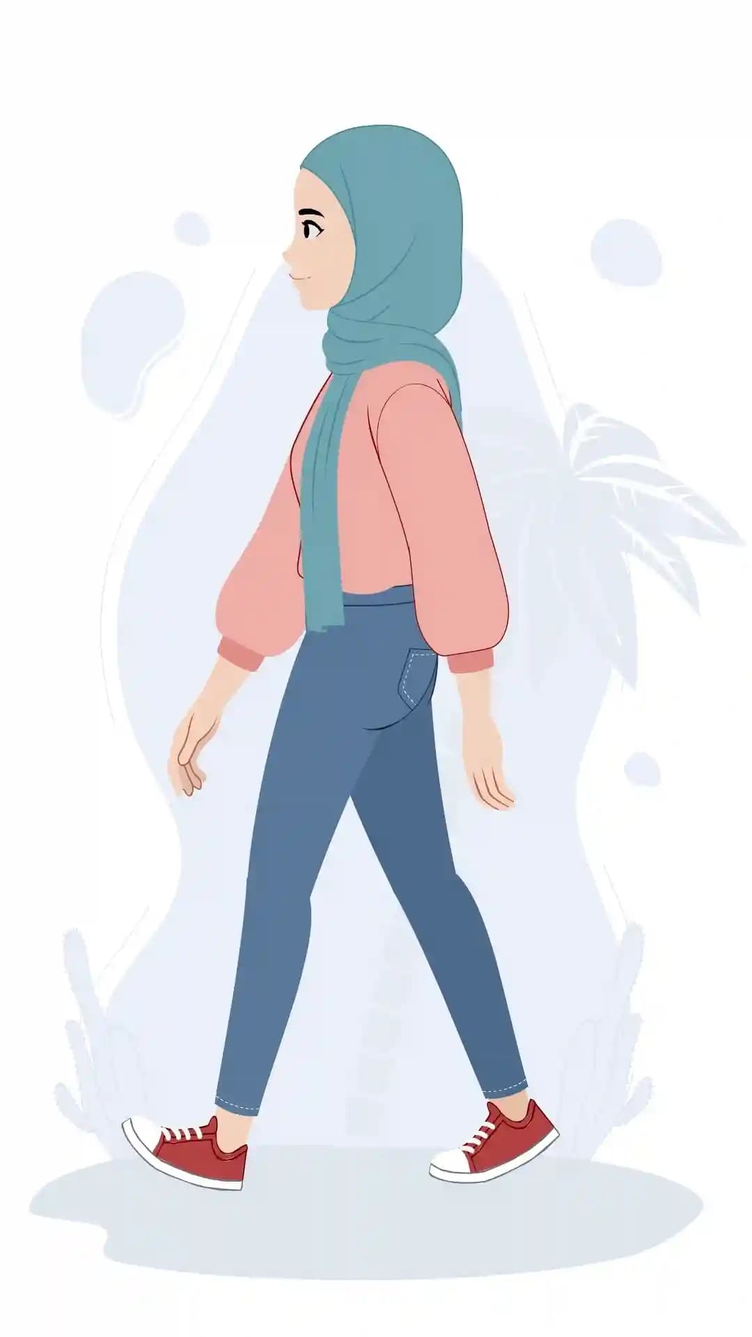 Pretty Hijab Girl Side Walk Animated Vector Cartoon Character AKA Nazma