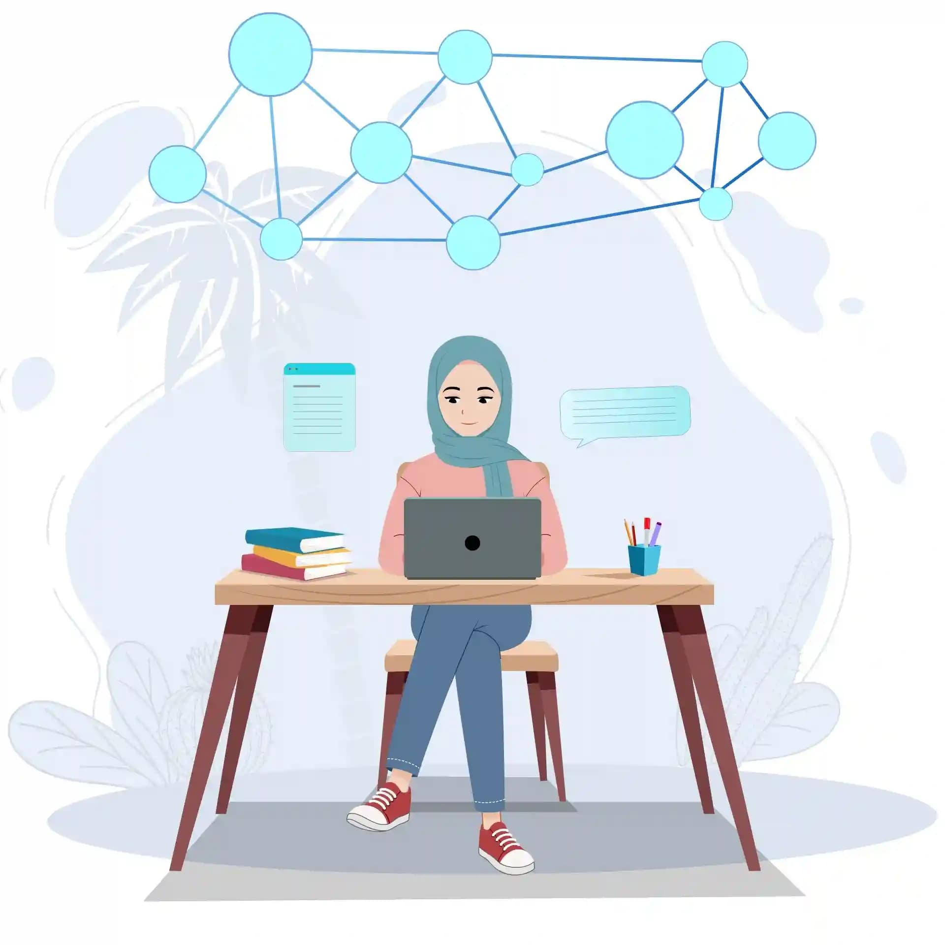 Pretty Hijab Girl Study on Laptop Animated Vector Cartoon Character AKA Nazma