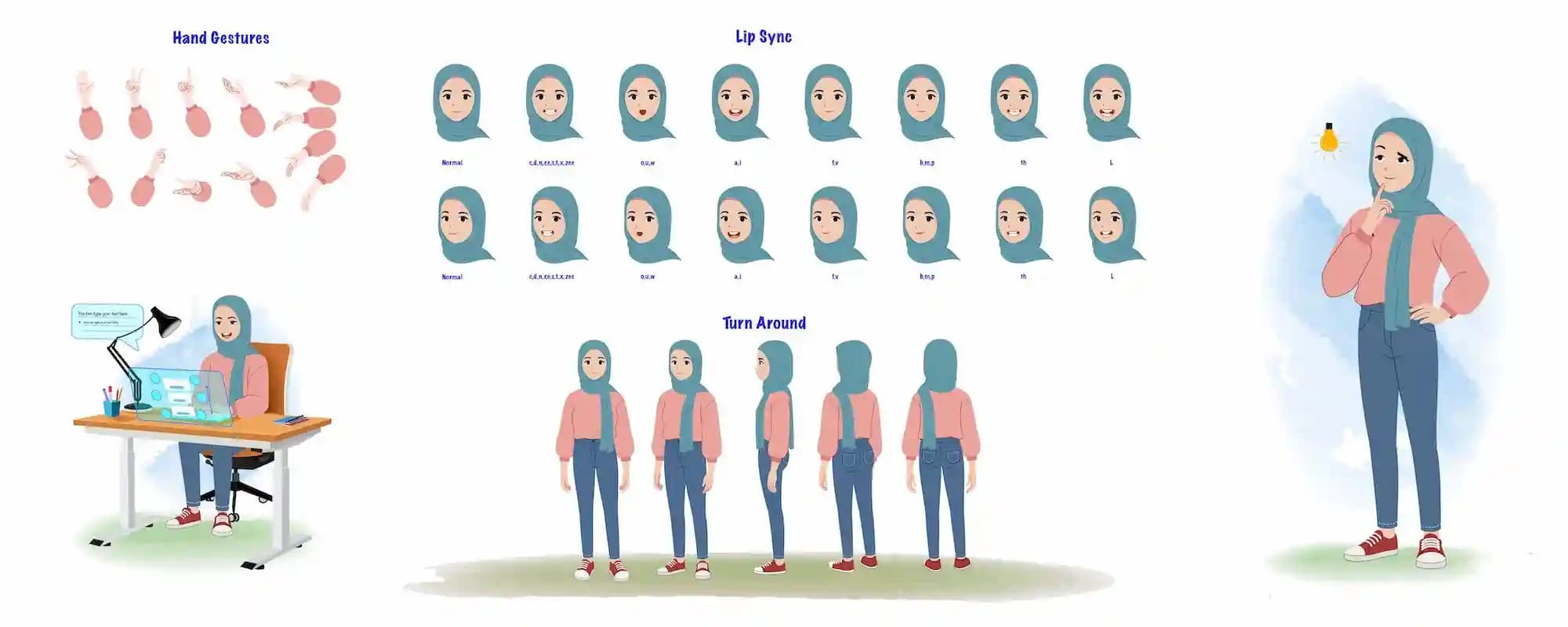 Pretty Hijab Girl Animated Vector Cartoon Character Model Sheet with Hand Gestures, Lipsync & Turnaround AKA Nazma