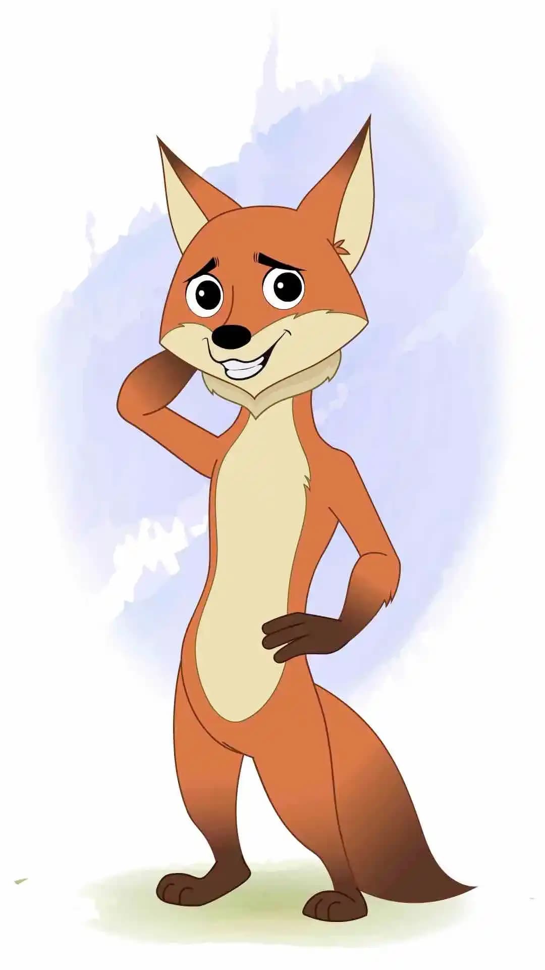 A confused little fox animated cartoon character aka fuxo the fox 3/4