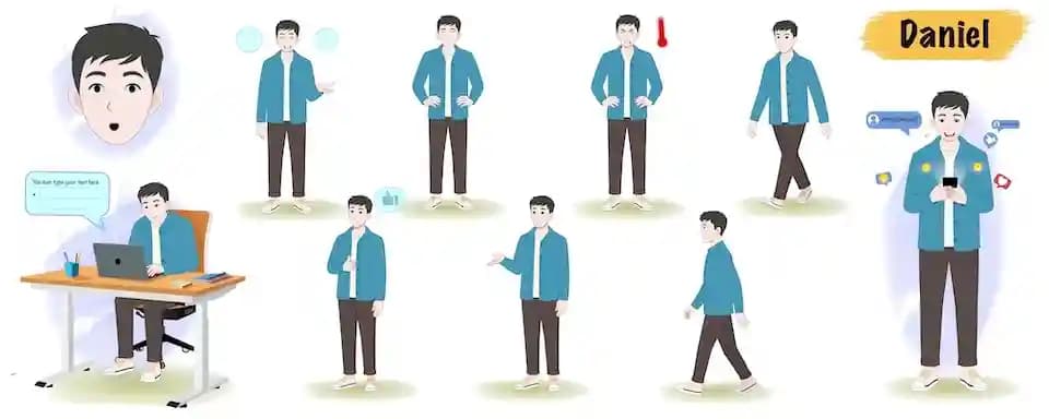 Casual smart man animated vector cartoon character model sheet AKA Daniel