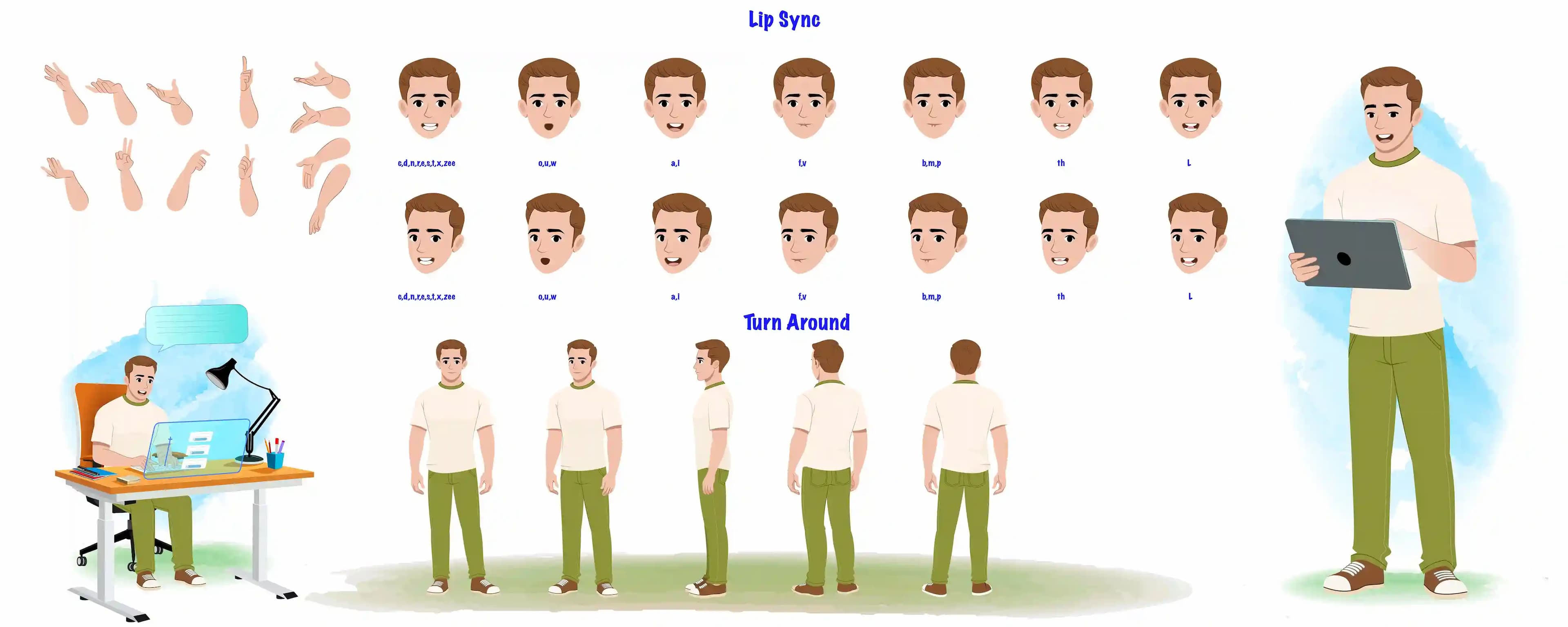 A 2d cartoon casual man character model sheet & construction design set AKA Andros