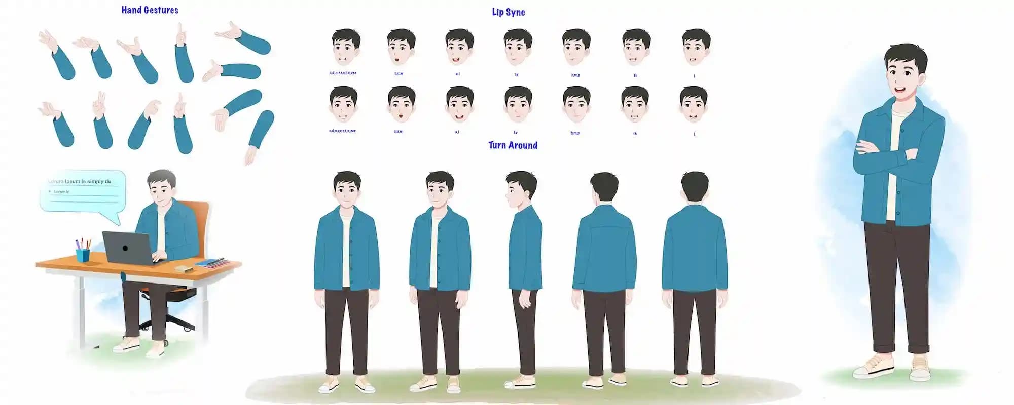 Casual Smart Man Animated Vector Cartoon Character Model Sheet with Hand Gestures, Lipsync & Turnaround AKA Daniel