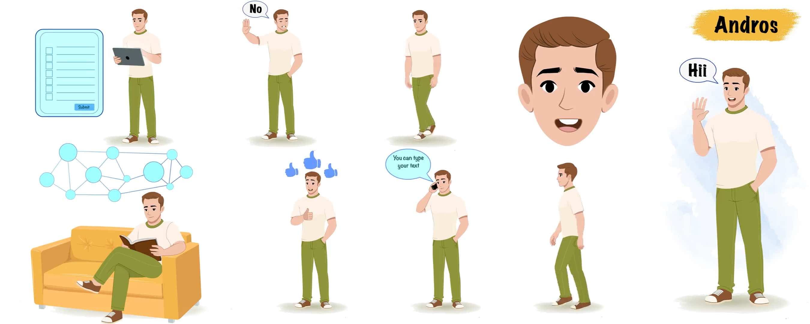 2d Cartoon casual man animated character model sheet