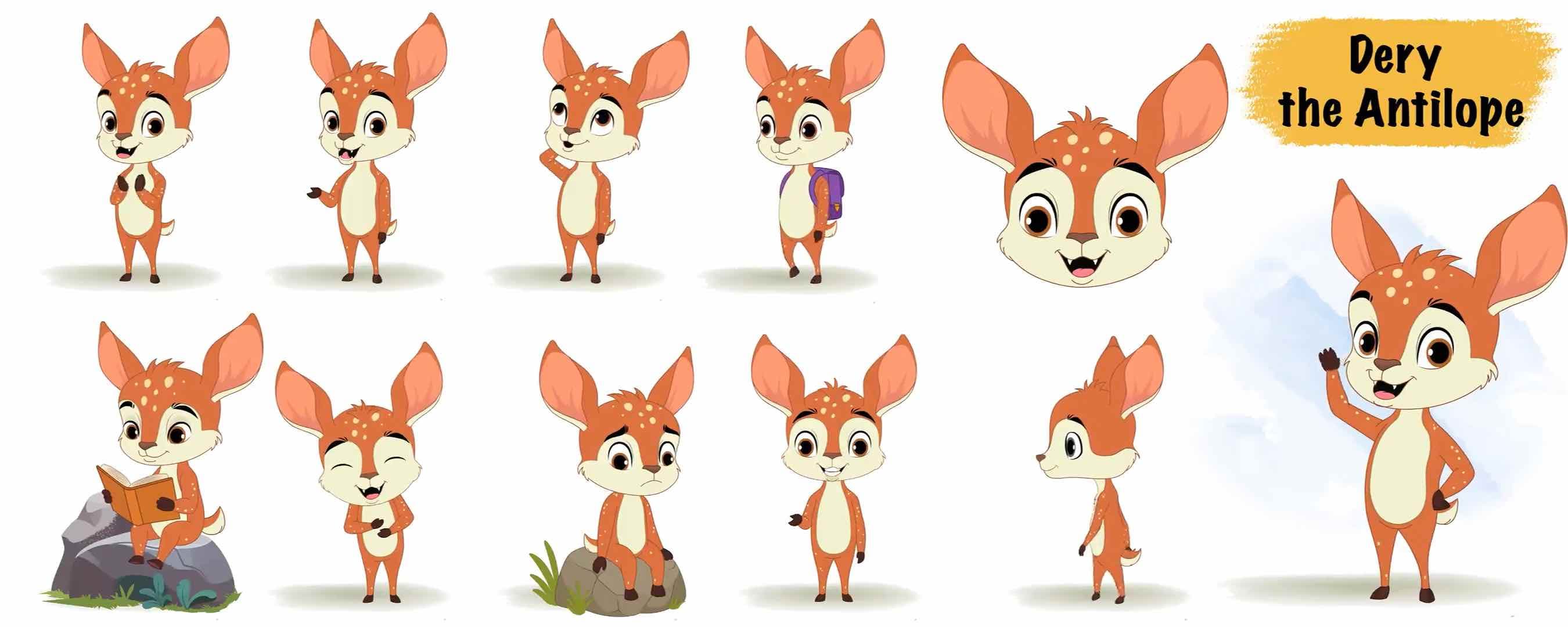 2d Animated deer cartoon character model sheet AKA Dery The Antilope