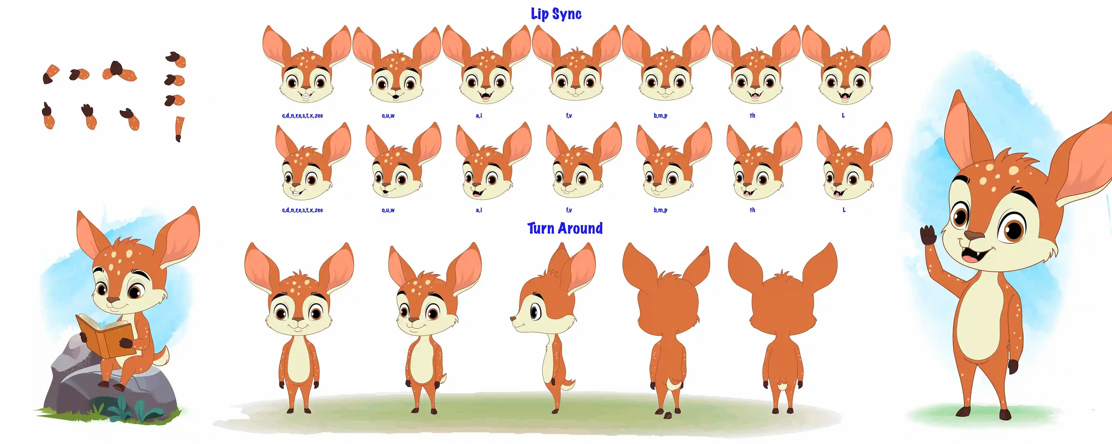 2d Deer cartoon character model sheet construction design set for animation AKA Dery The Antilope