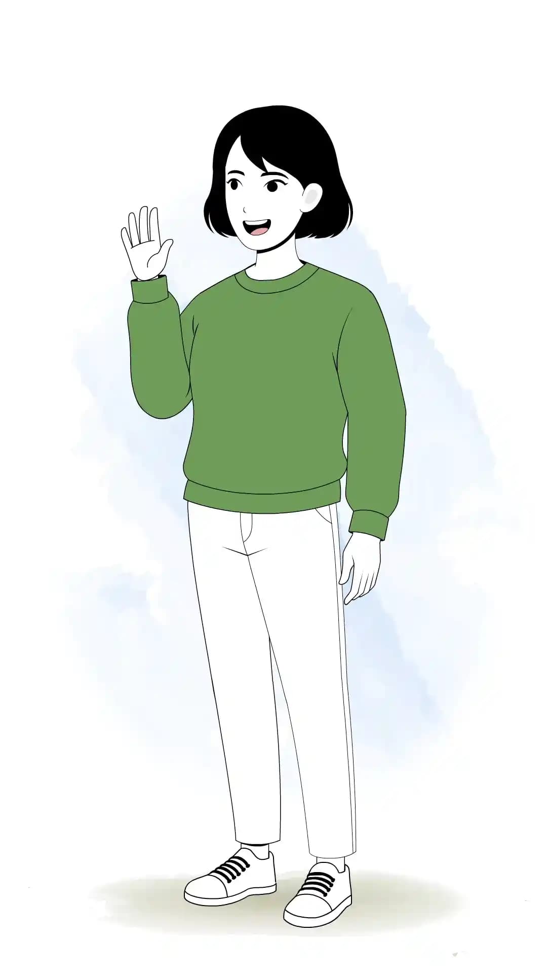 Young girl saying hello animated vector cartoon character AKA Sinhari